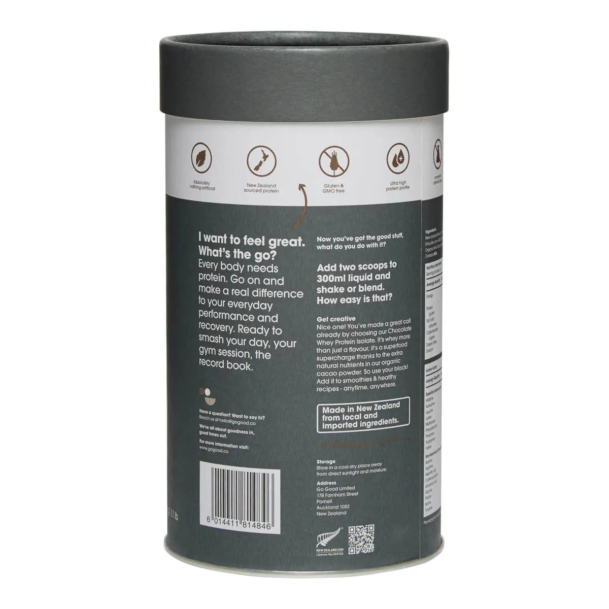 Back view of Go Good Whey protein Isolate showing product information and usage.