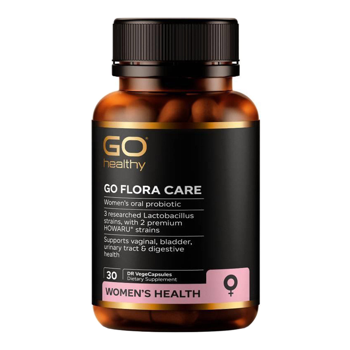 GO Flora Care 30 vege capsules supplement bottle on a white background.