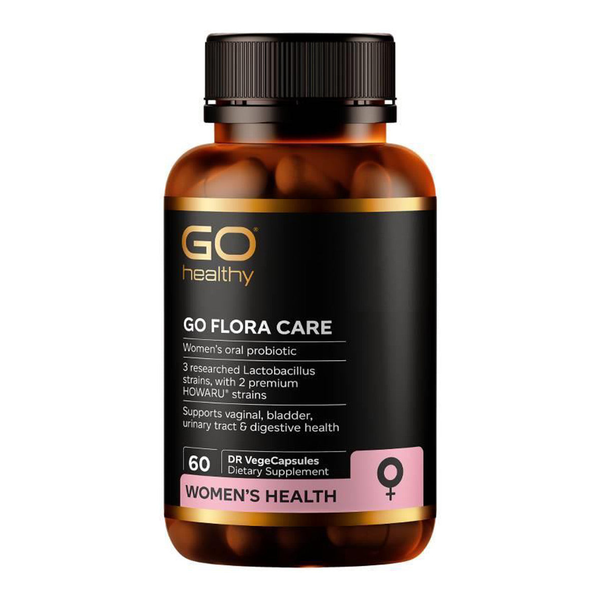 GO Healthy GO Flora Care 60 capsules - supplement bottle on a white background.