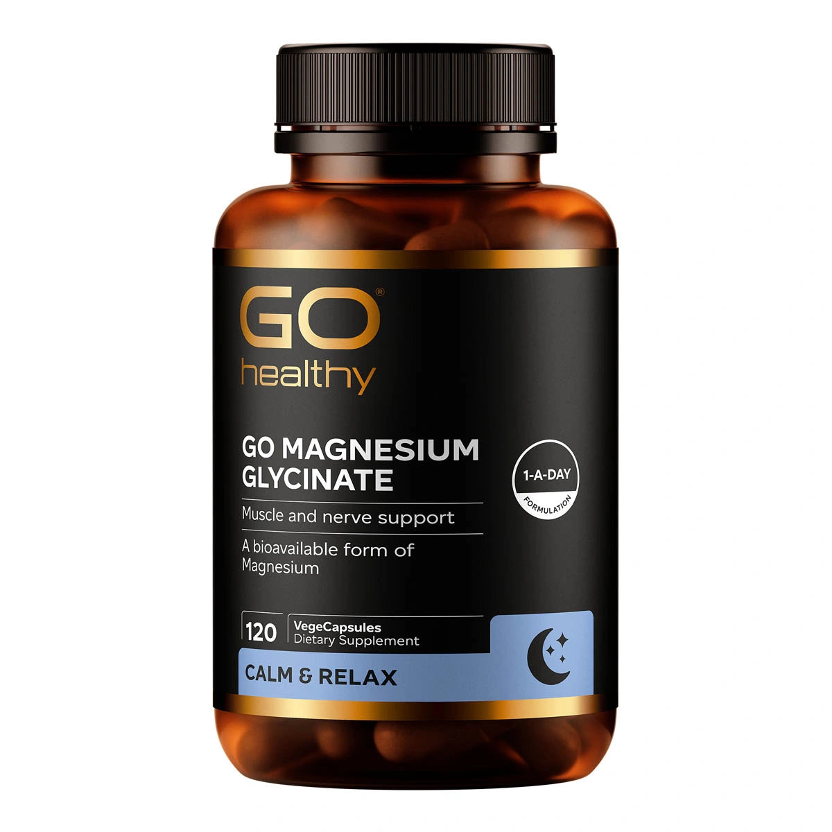 Bottle of GO Magnesium Glycinate supplement with black label on a white background. 120 vege capsules