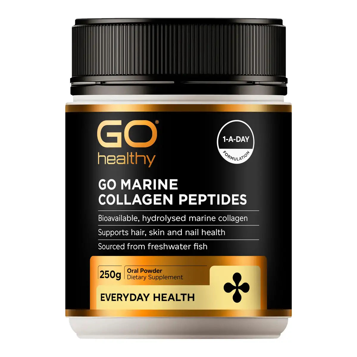 A jar of GO Healthy Go Marine Collagen Peptides oral powder, featuring a black label with gold and white text and graphics, set against a plain white background.