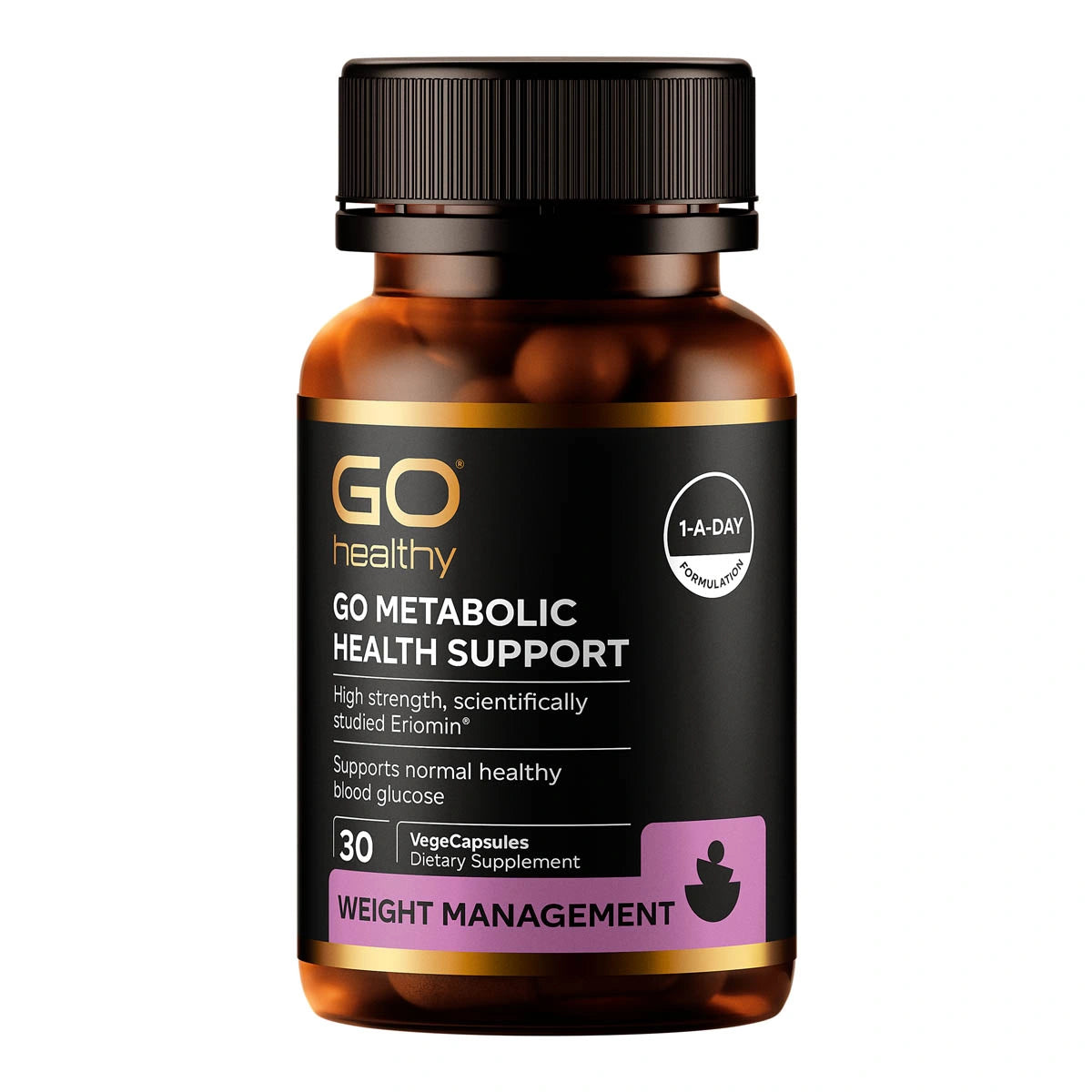 Supplement bottle labeled 'GO Healthy' for metabolic health support on a white background