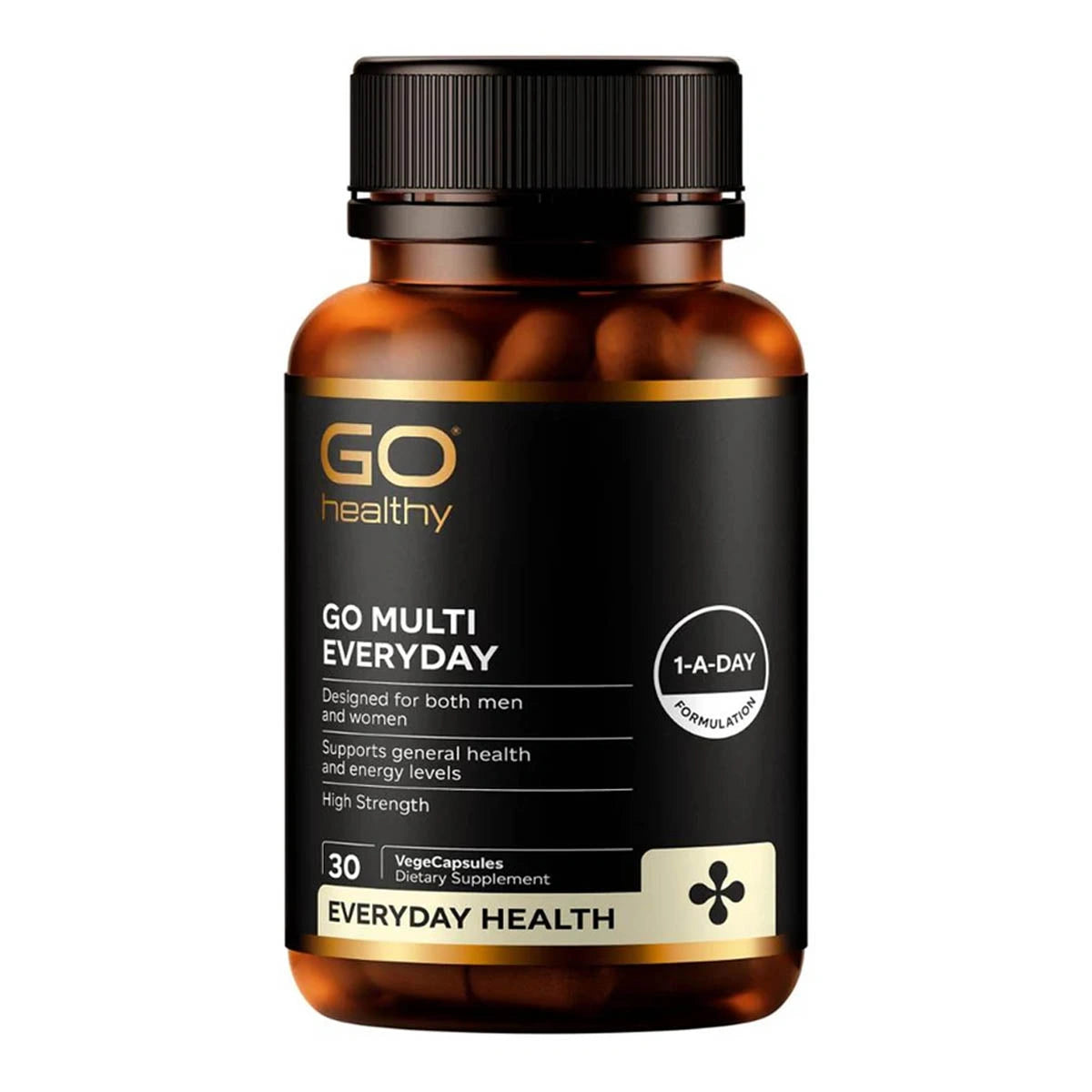 Supplement bottle labeled 'GO Multi Everyday' on a white background. 30 vege caps.
