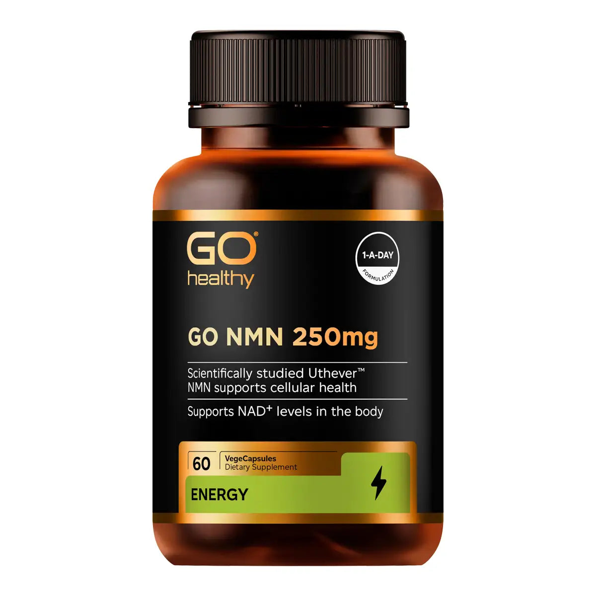A bottle of GO Healthy GO NMN 250mg dietary supplement capsules. The product is in an amber brown bottle with a black ribbed cap and a black label featuring gold and green accents.