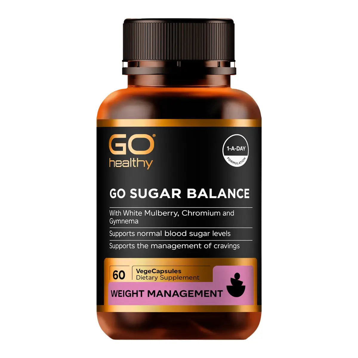 An amber brown supplement bottle with a black cap and a black label. The label features the brand name 'GO healthy' in gold and white, and the product name 'GO SUGAR BALANCE'.
