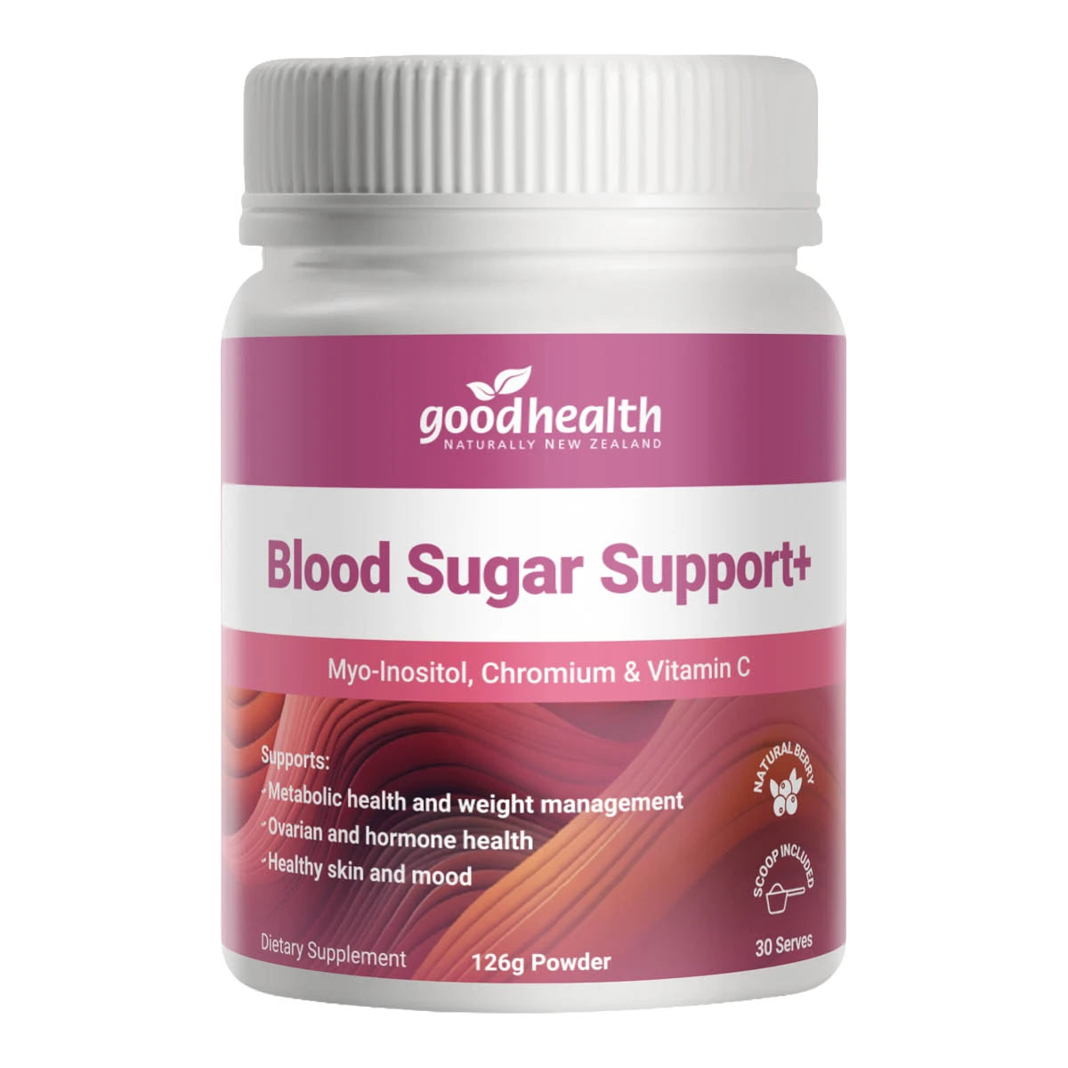 Good Health Blood Sugar Support supplement bottle on a white background. Supports metabolic health & weight management, ovarian & hormone health, healthy skin & mood.
