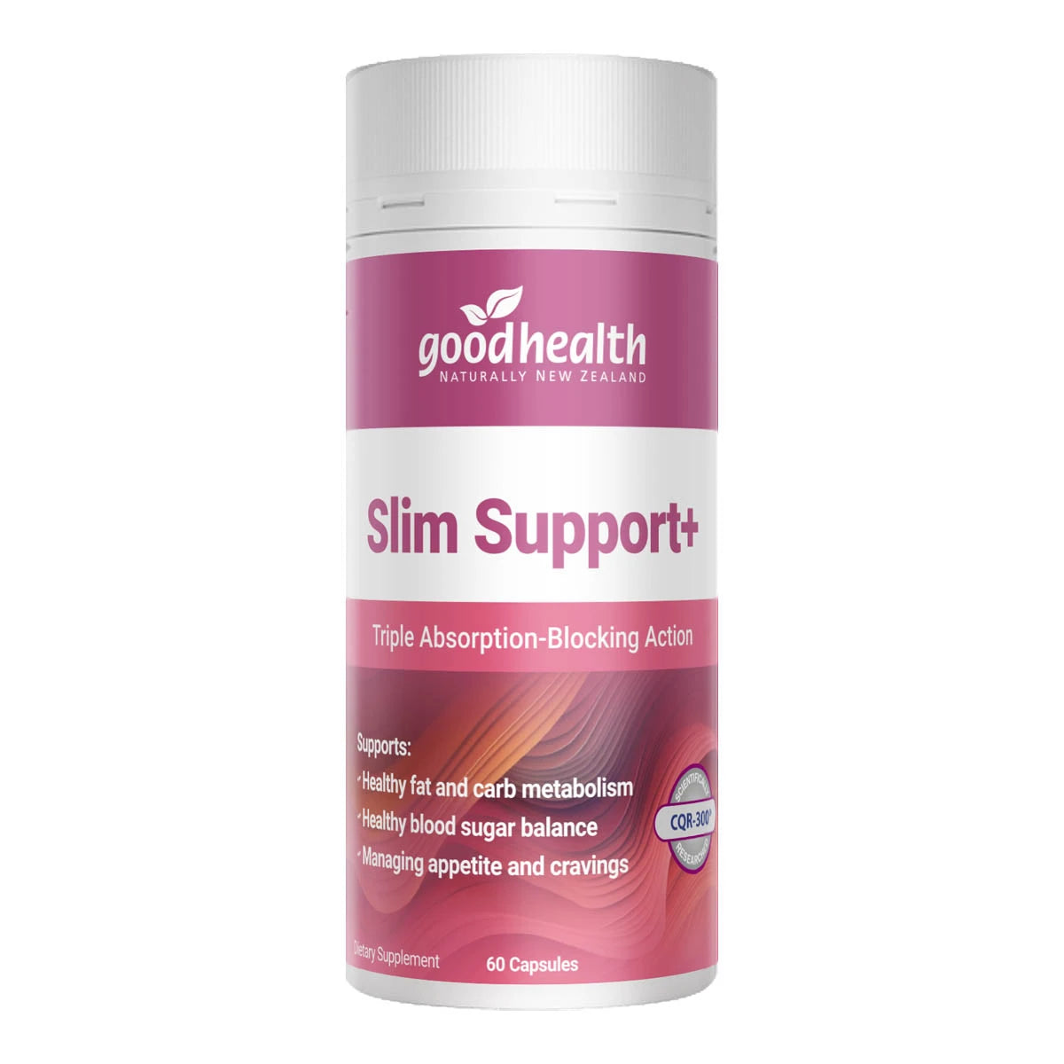 Good Health Slim Support+ 60 Capsule Bottle with a pink label on a white background. Supports healthy fat & carb metabolism, healthy blood sugar balance, managing appetite & cravings.