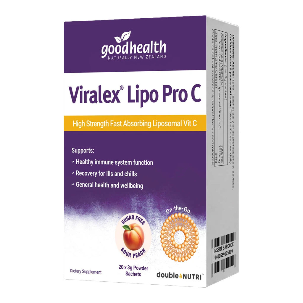 A box of Good Health Viralex Lipo Pro C dietary supplement powder, featuring a purple and white design with orange and yellow accents, on a plain white background.