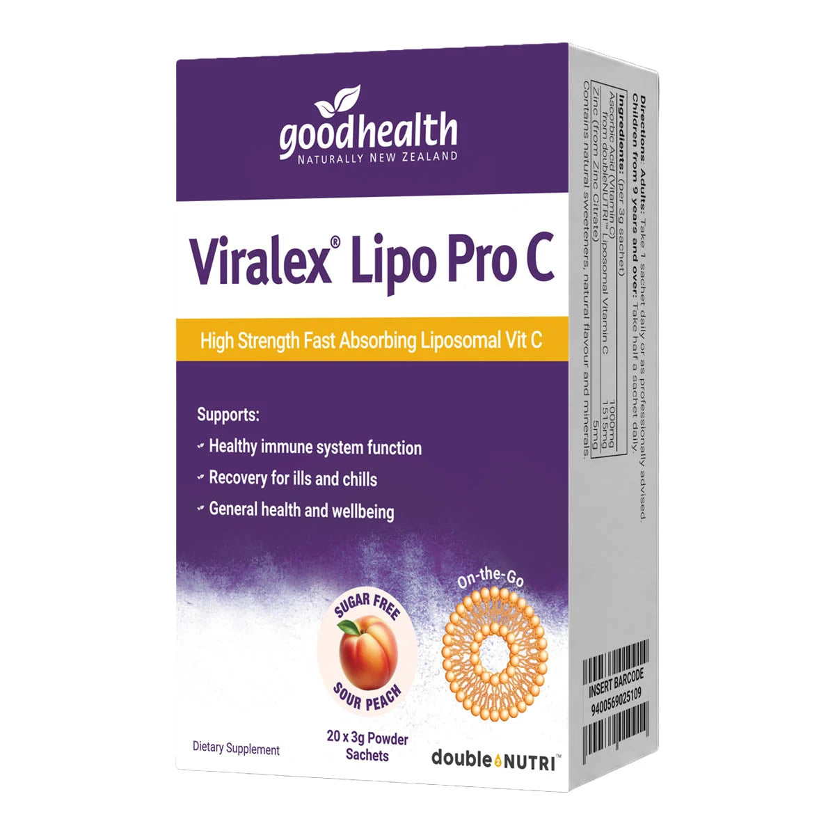 A box of Good Health Viralex Lipo Pro C dietary supplement powder, featuring a purple and white design with orange and yellow accents, on a plain white background.