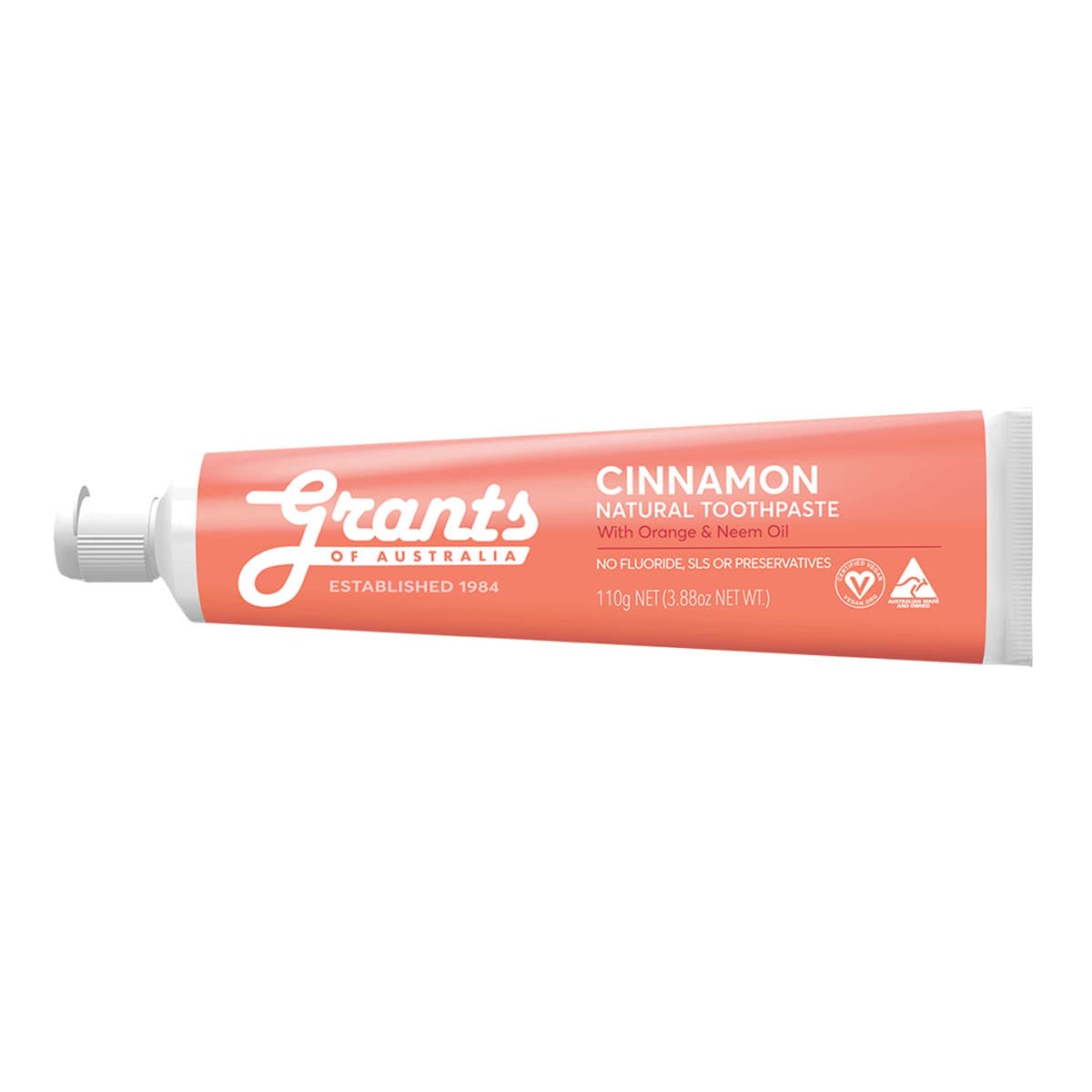 Cinnamon natural toothpaste tube by Grants of Australia on a white background.