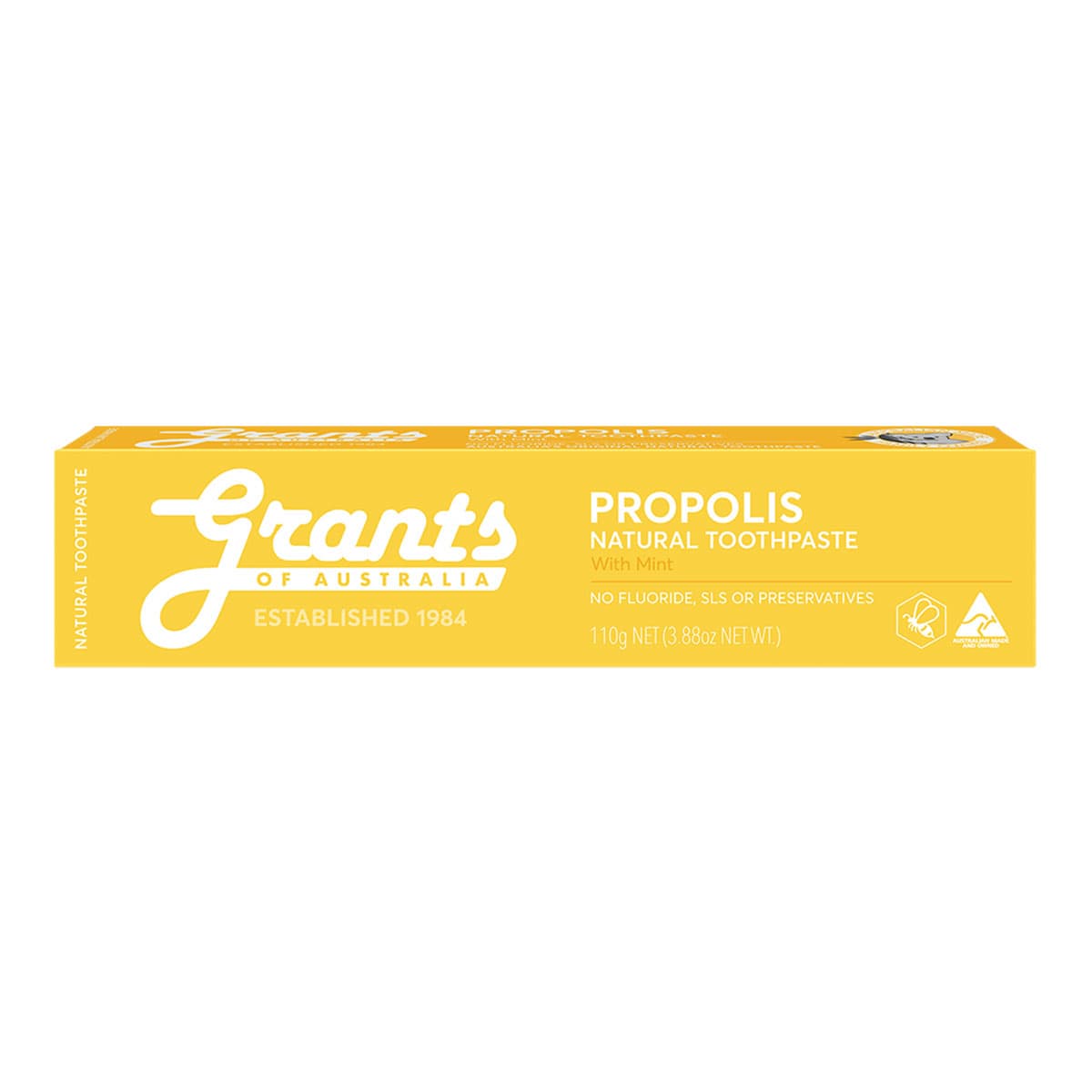 Yellow box of Grants of Australia propolis natural toothpaste on a white background.