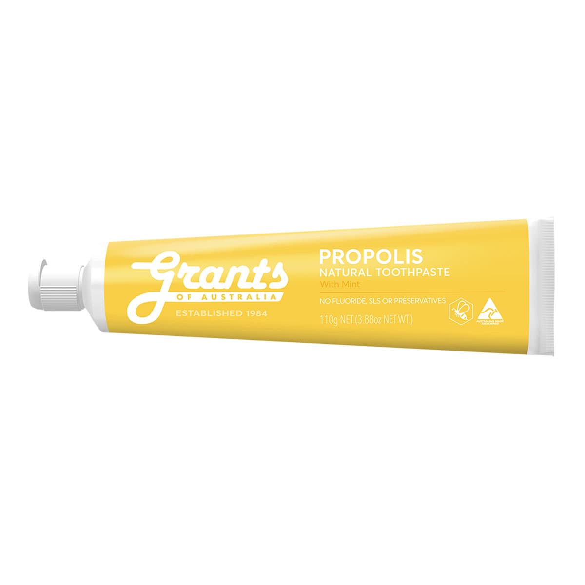 Yellow tube of Grants Propolis Natural Toothpaste on a white background.