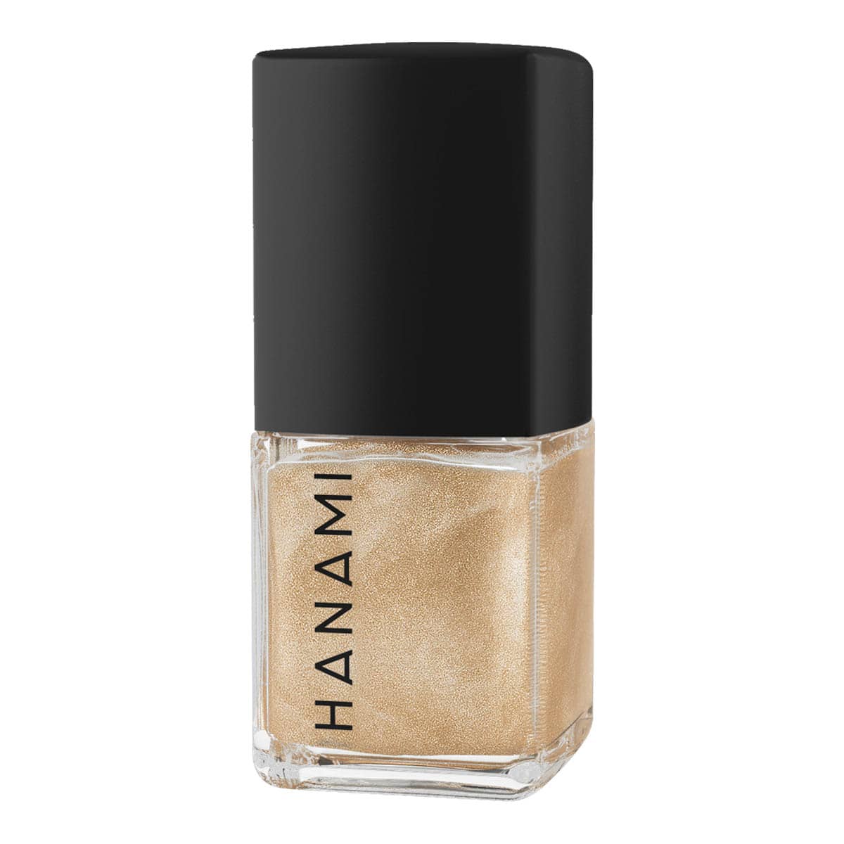 Nail polish bottle with black cap and gold base on a white background.