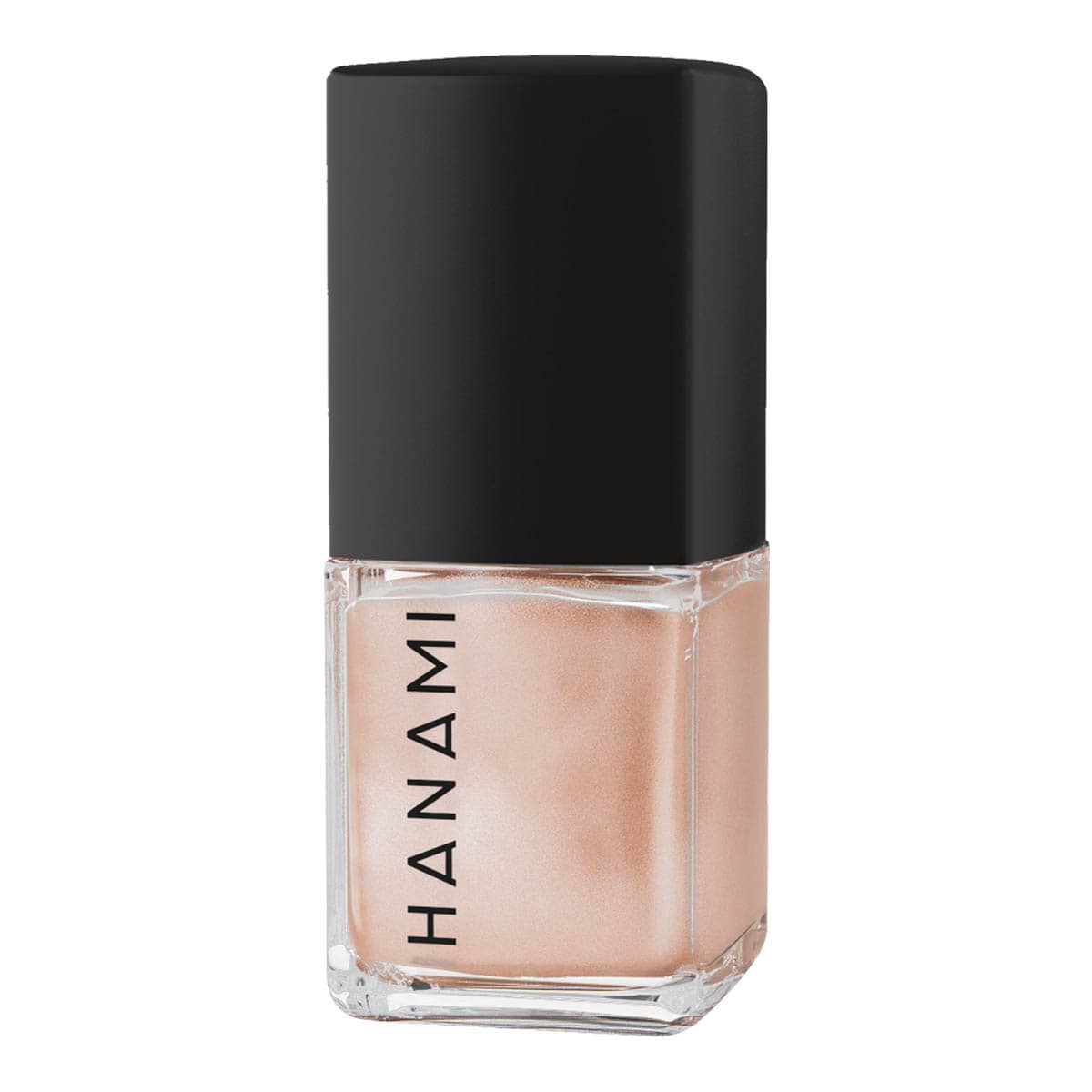 Nail polish bottle with black cap and beige pink polish on a white background.