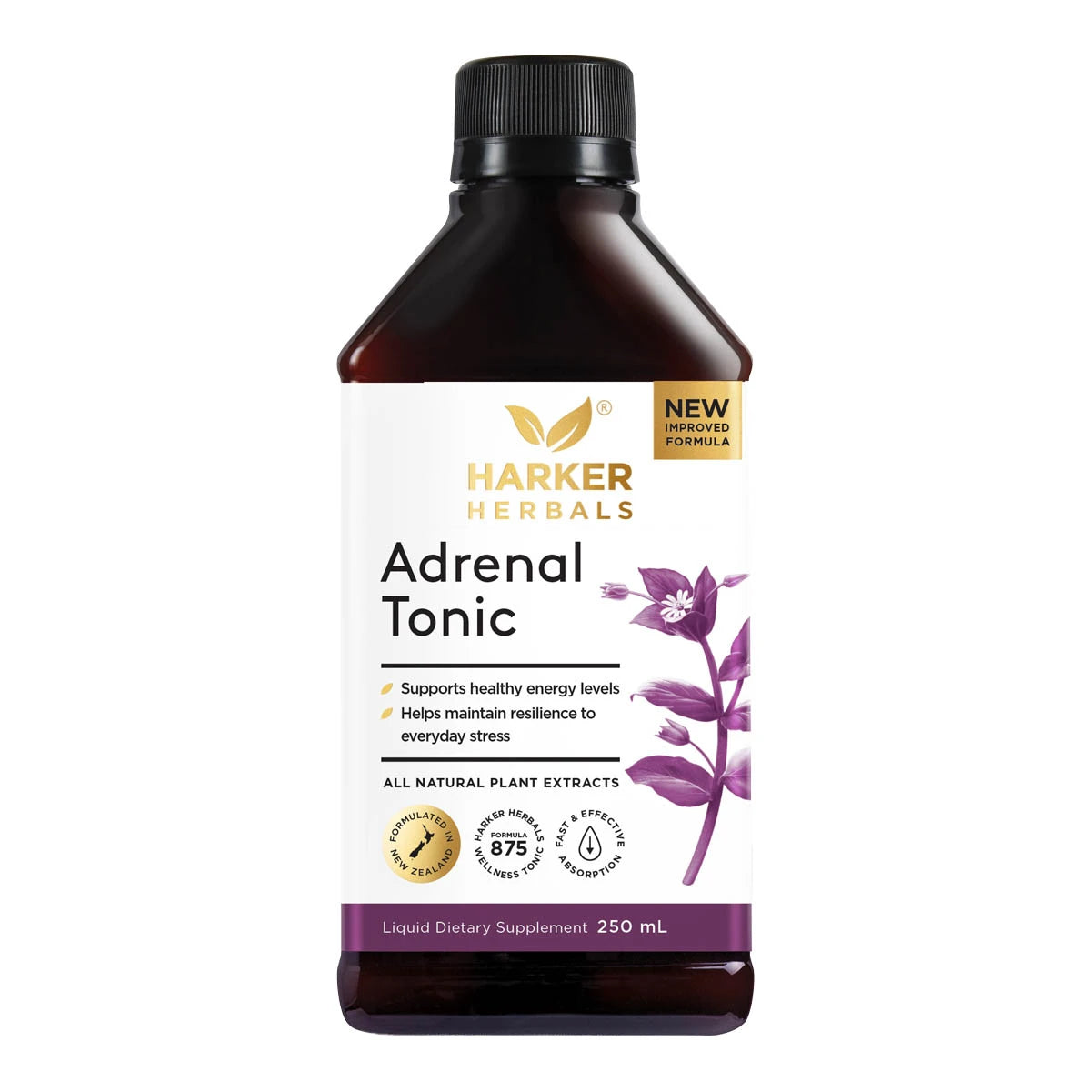 Harker Herbals Adrenal Tonic 250ml bottle on a white background. Supports healthy energy levels, helps maintain resilience to everyday stress with all natural plant extracts.