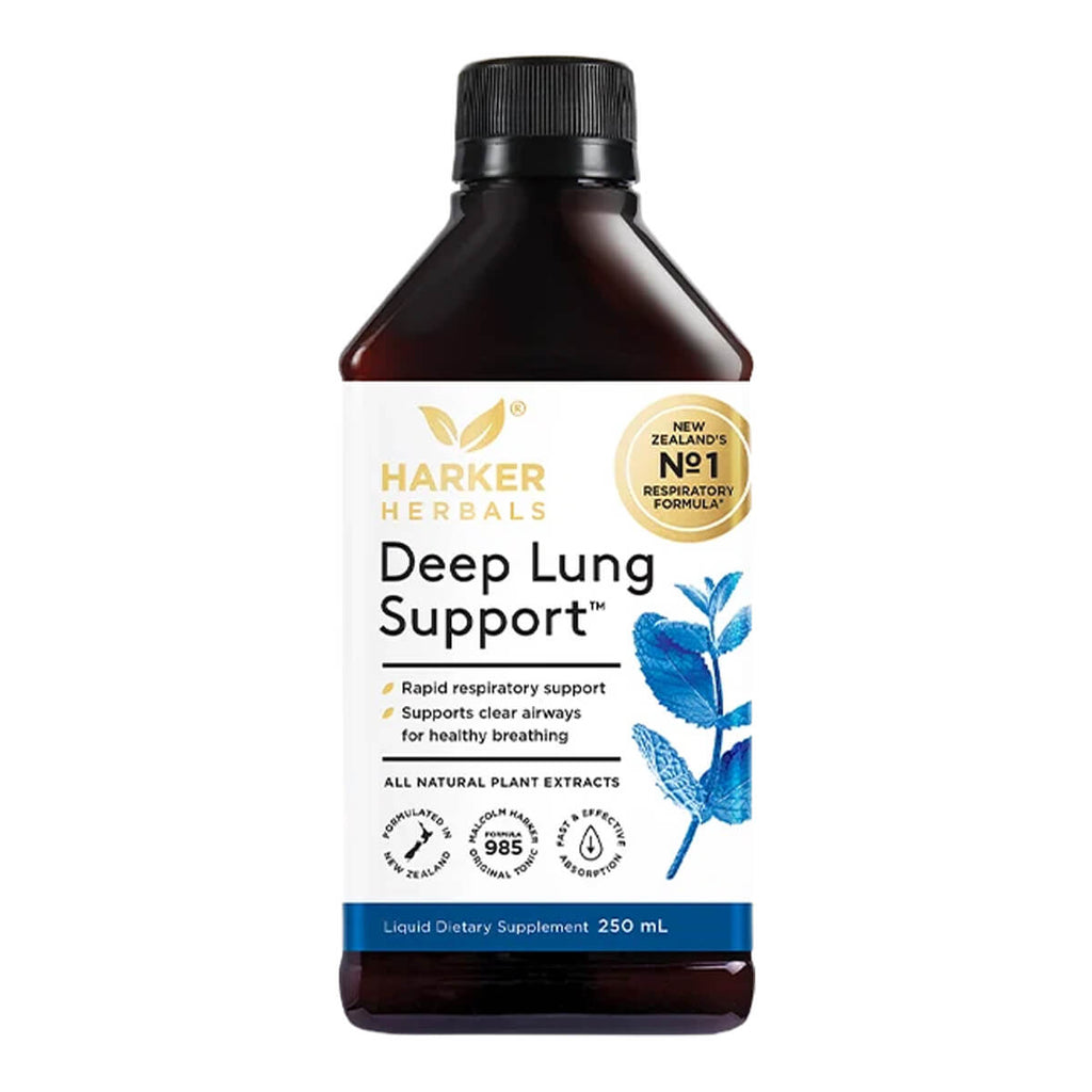 A 250ml bottle of Harker Herbals Deep Lung Support liquid dietary supplement in an amber-brown bottle with a black cap and a white label featuring blue and gold accents.