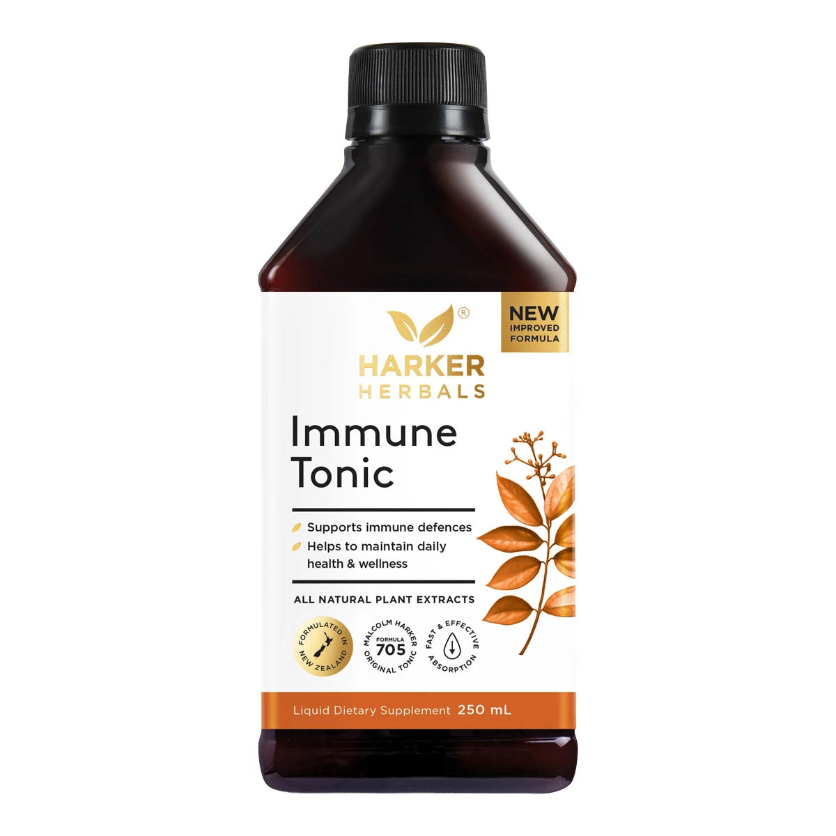 Harker Herbals 250ml Immune Tonic bottle on a white background. Supports immune defences, helps to maintain daily health & wellness with all natural plant extracts.