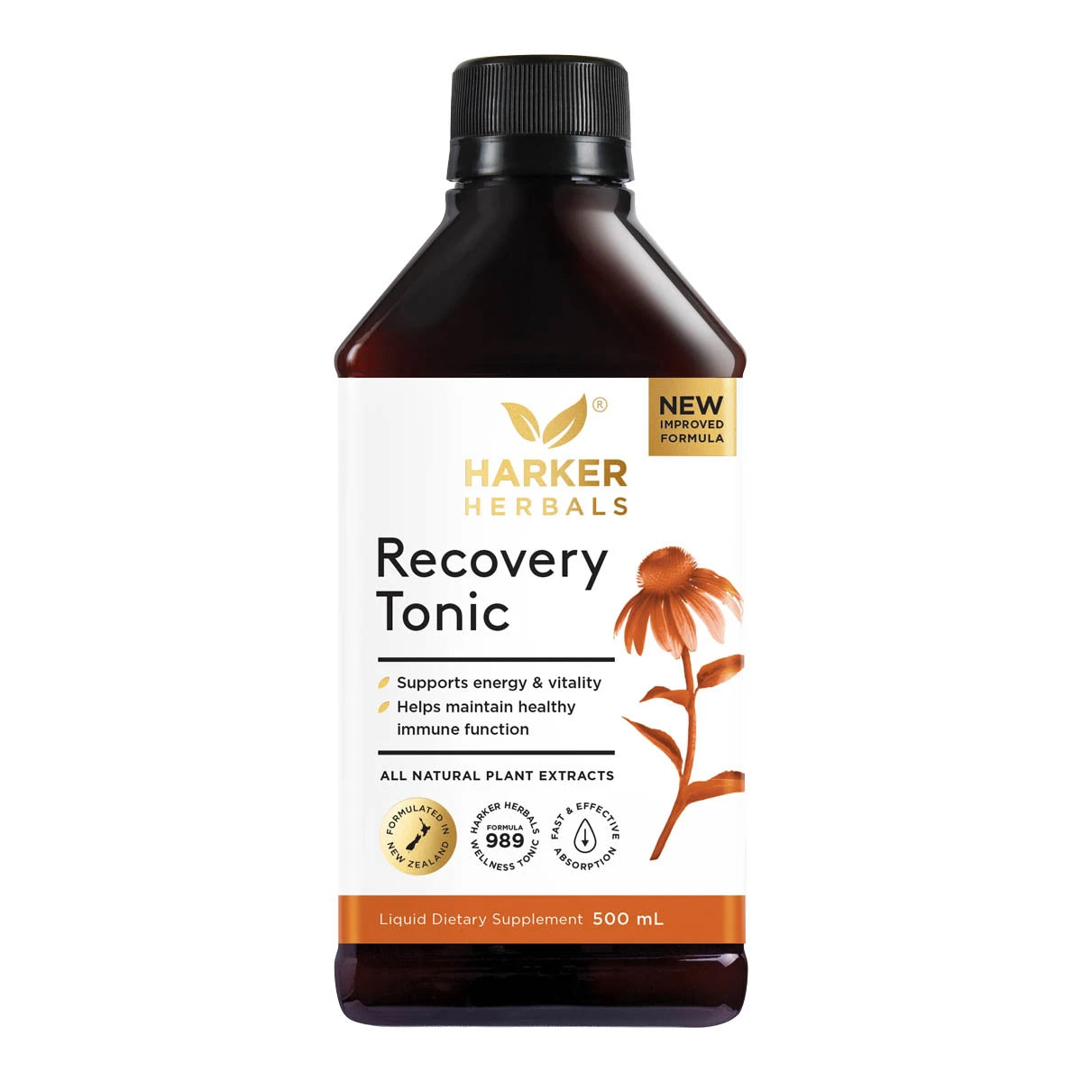 Harker Herbals Recovery Tonic 500ml bottle on a white background. 