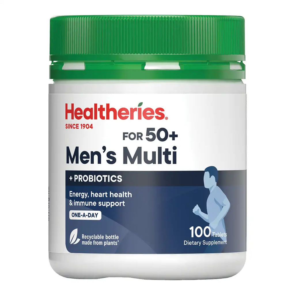 A white plastic bottle of Healtheries Men's Multi dietary supplement with a green ribbed cap.
