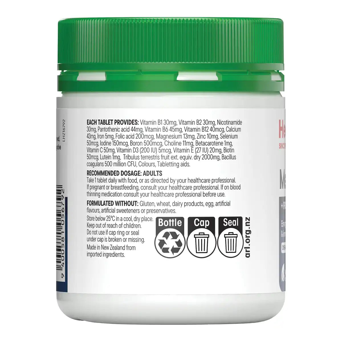 A white supplement bottle with a green cap, showing the back of the label with product ingredients, dosage information, and recycling symbols.