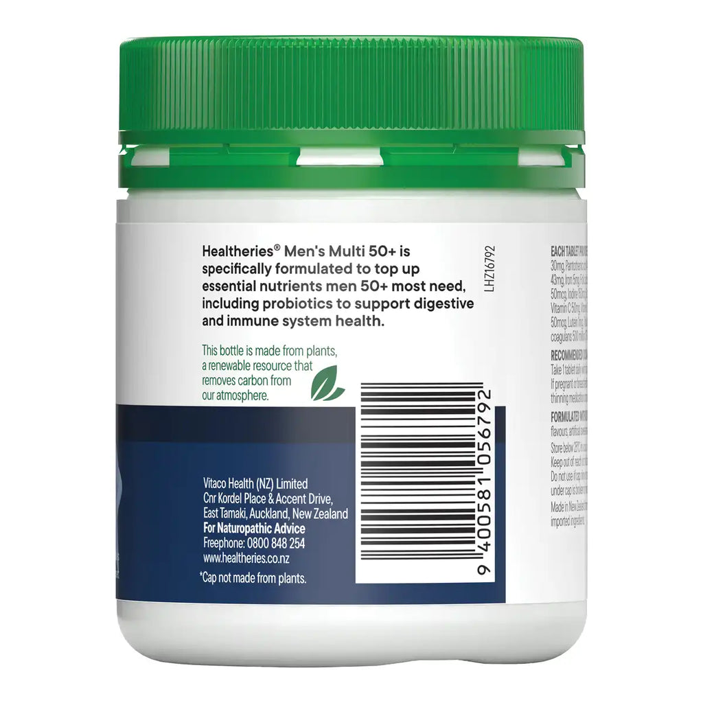 Healtheries Men's Multi 50+ supplement bottle showing the back label with text, barcode, and a green cap.