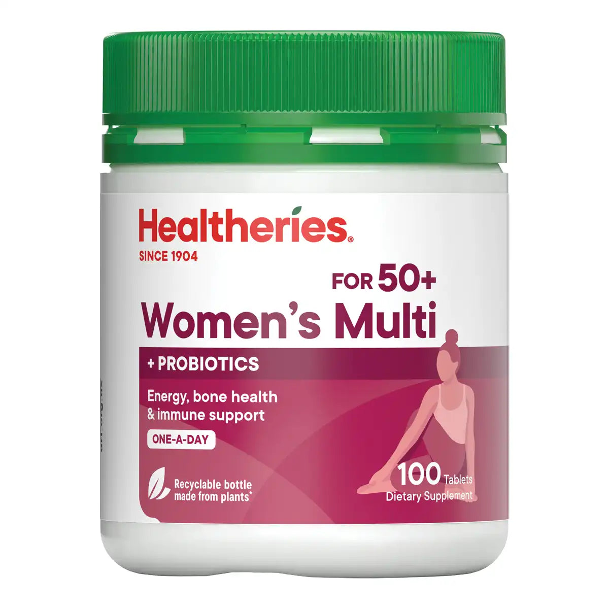A white plastic bottle of Healtheries Women's Multi dietary supplement with a green cap and a white label featuring red and magenta text and graphics.