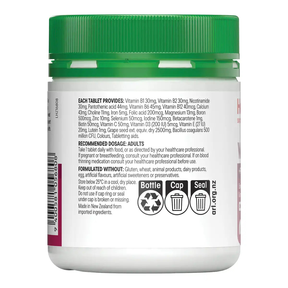 Back side of a white supplement bottle with a green cap, showing printed dosage information, ingredients, and recycling icons.