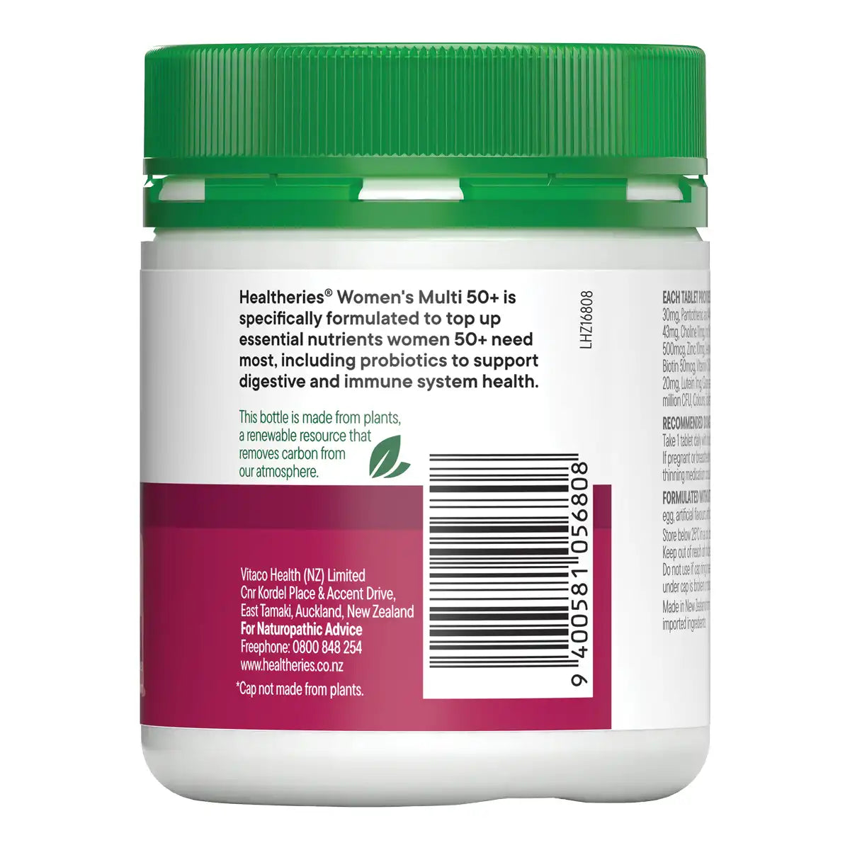 Back view of a Healtheries Women's Multi 50+ supplement bottle with a green cap, white body, and a dark magenta label showing text, a barcode, and product details.