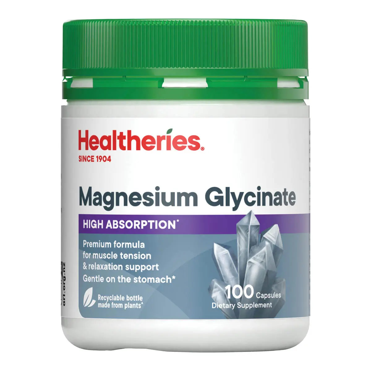 Healtheries Magnesium Glycinate supplement container on a white background. 100 capsules. High absorption. 
