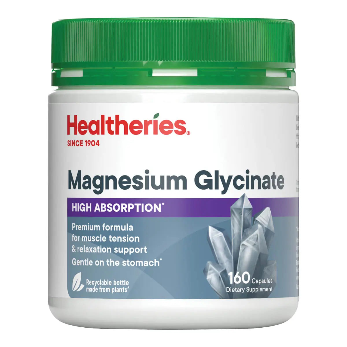 Healtheries Magnesium Glycinate supplement container on a white background. 160 capsules.