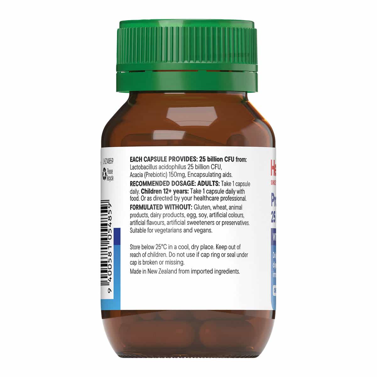 Brown supplement bottle with green cap on a white background.