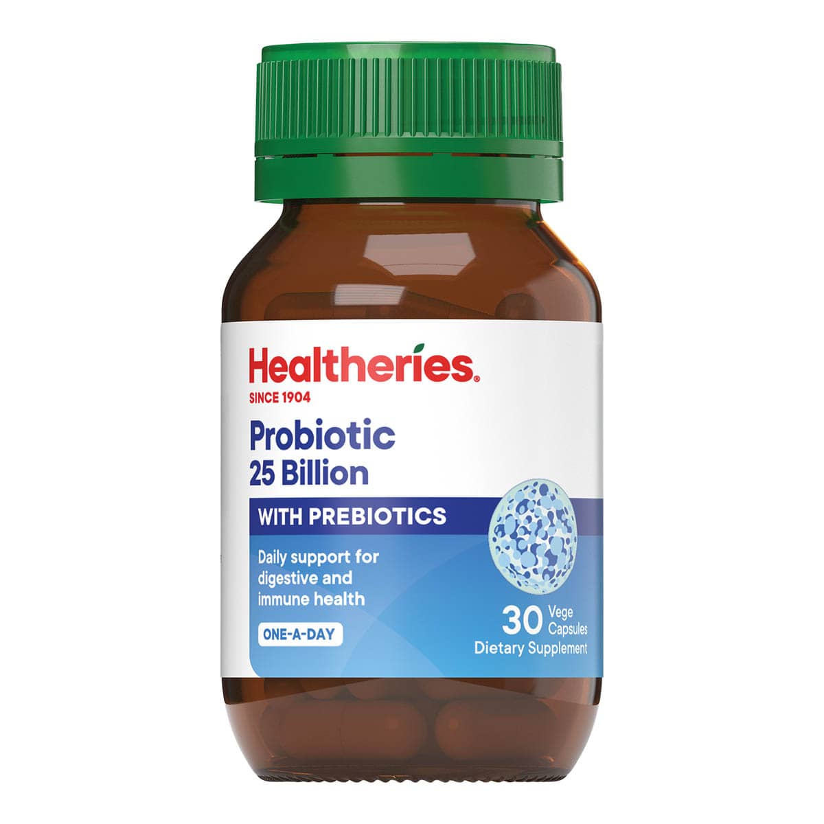 Healtheries probiotic supplement bottle with green cap on a white background.