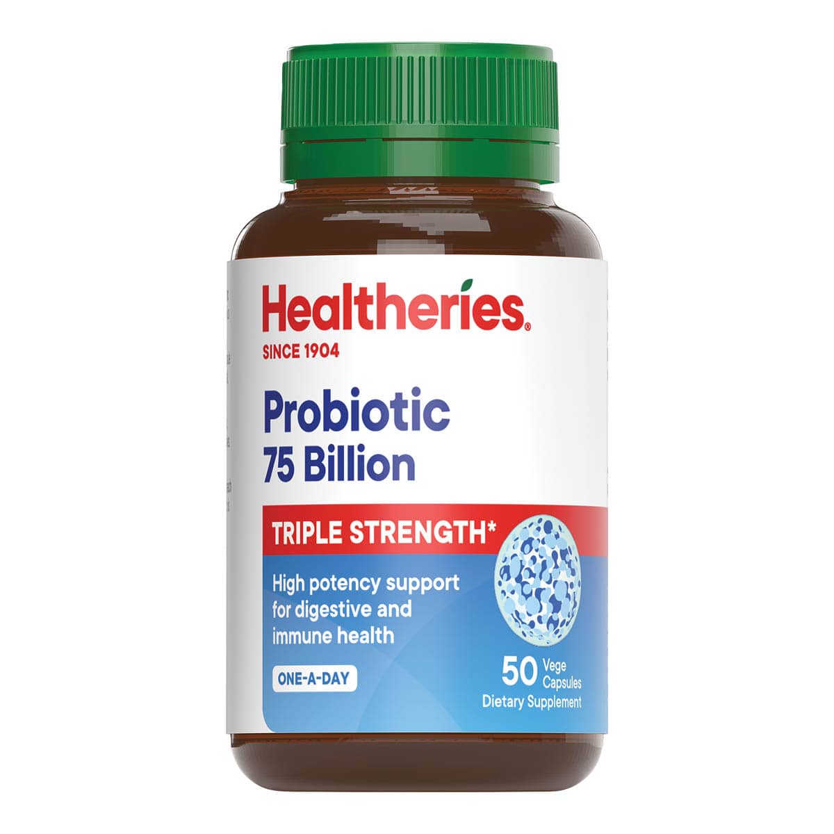 Healtheries Probiotic supplement bottle with green cap on a white background.