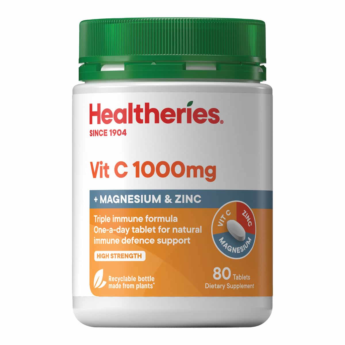Healtheries Vit C 1000mg supplement bottle on a white background.
