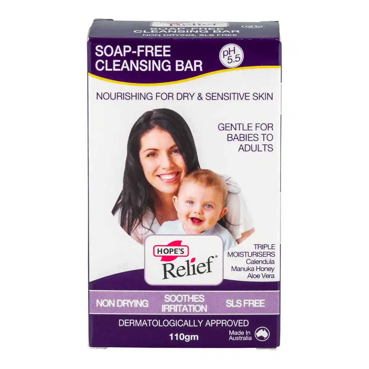 Box of Hope's Relief soap-free cleansing bar with a woman and child on the packaging.