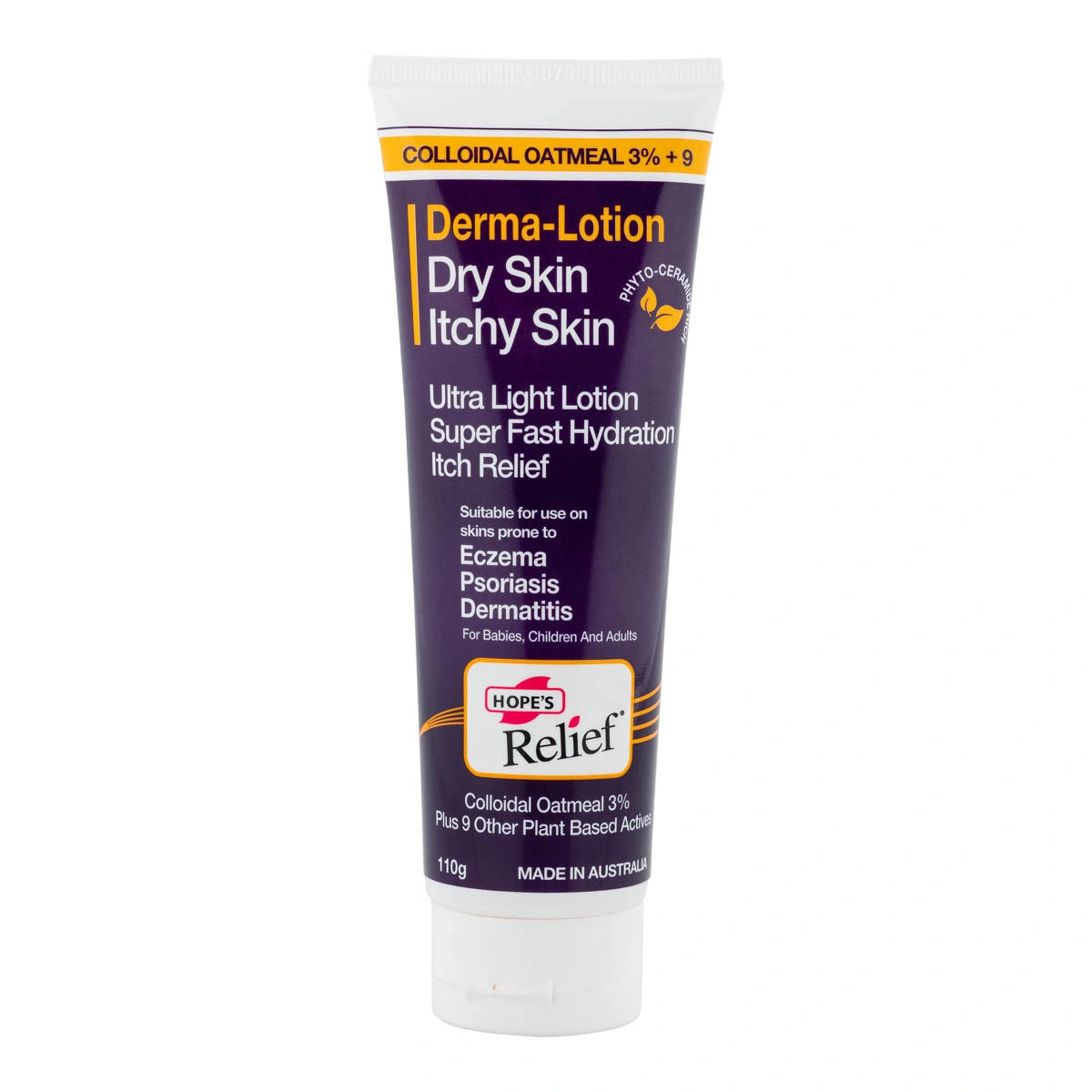 Tube of Derma-Lotion for dry skin and itchy skin on a white background