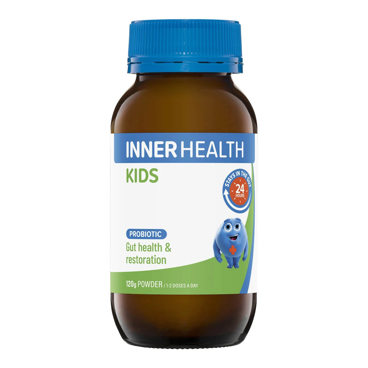 Inner Health for Kids Probiotic powder 120g in a glass bottle with a blue cap. Gut health & restoration.
