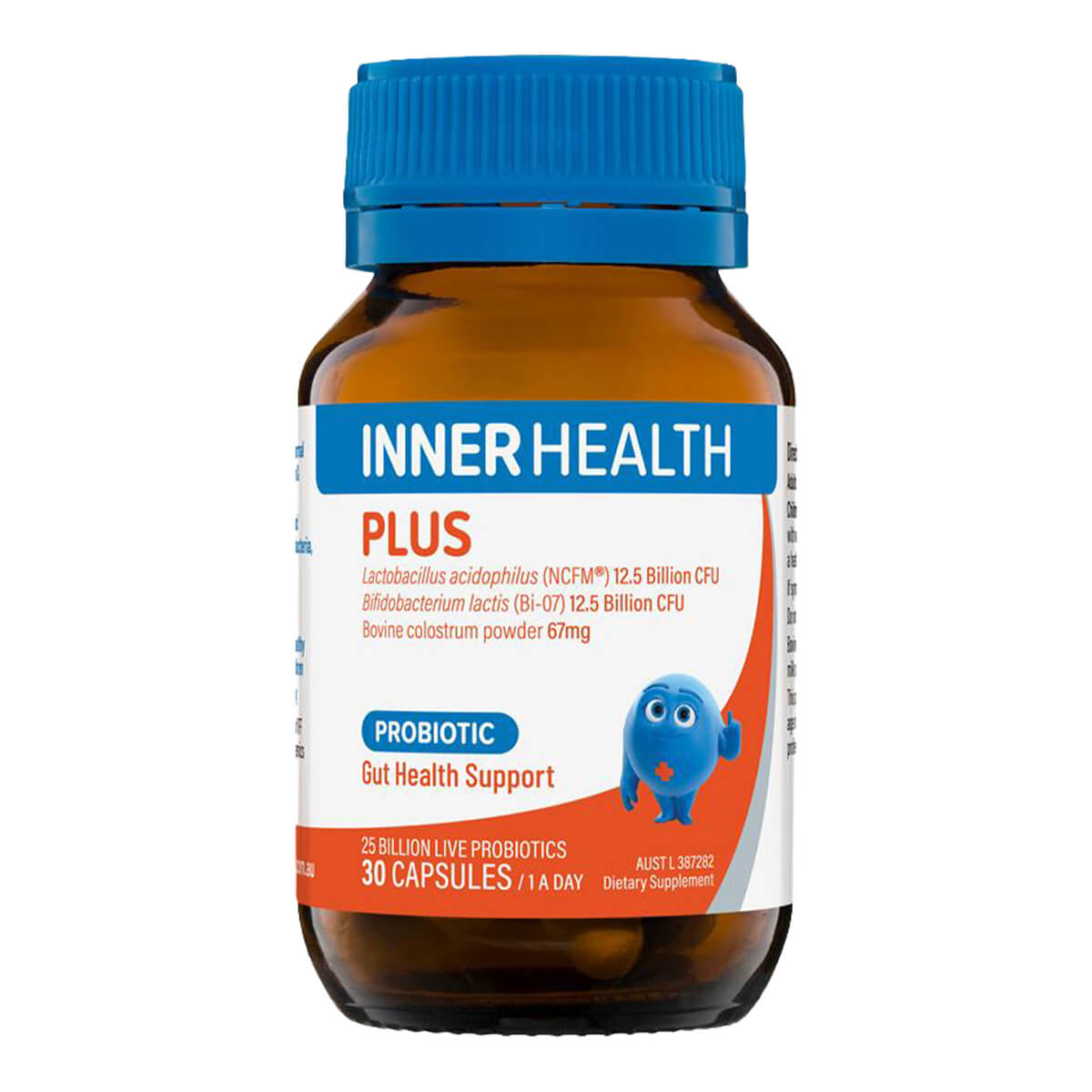 Bottle of Inner Health Plus probiotic supplement on a white background