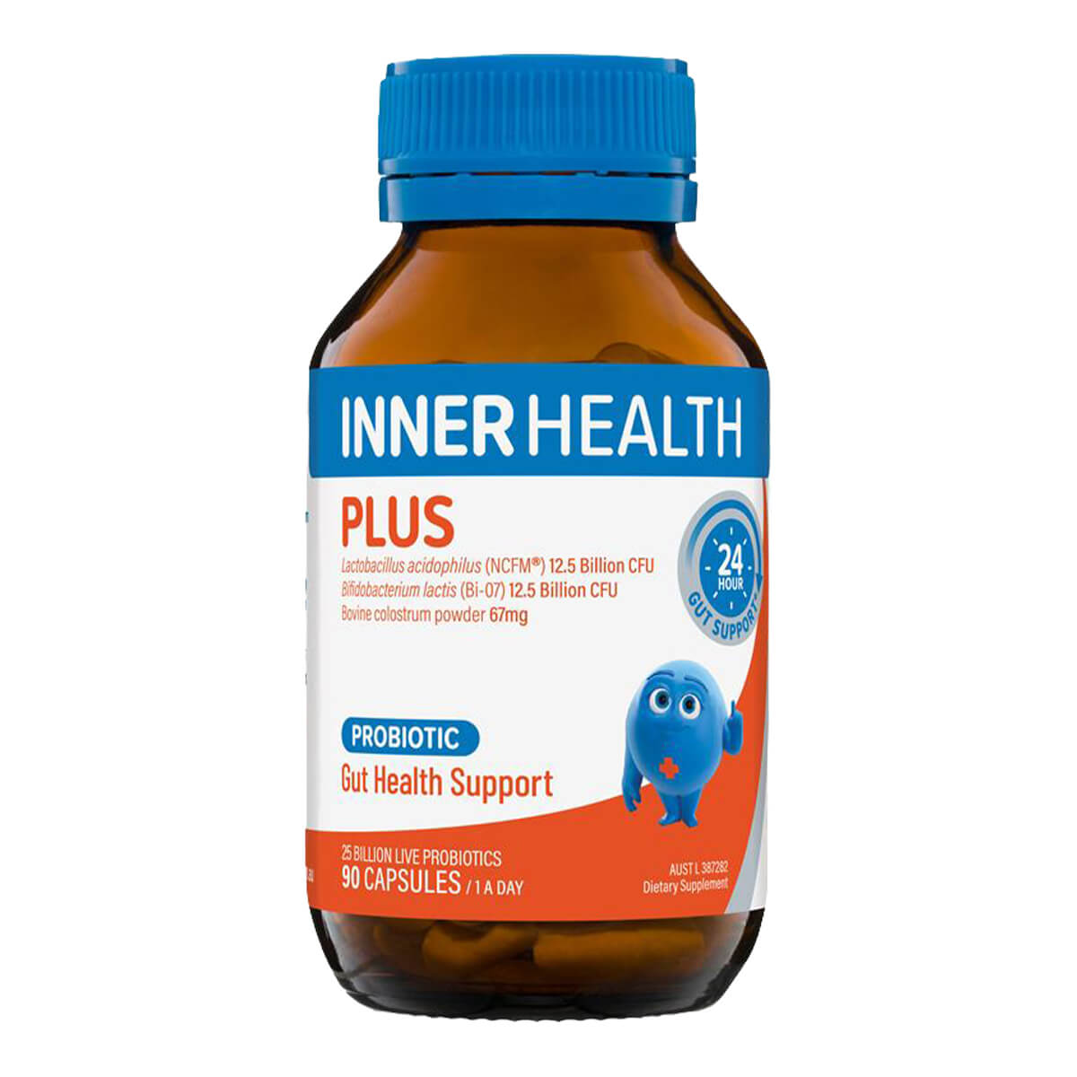 Brown supplement bottle with blue cap labeled 'Inner Health Plus' on a white background