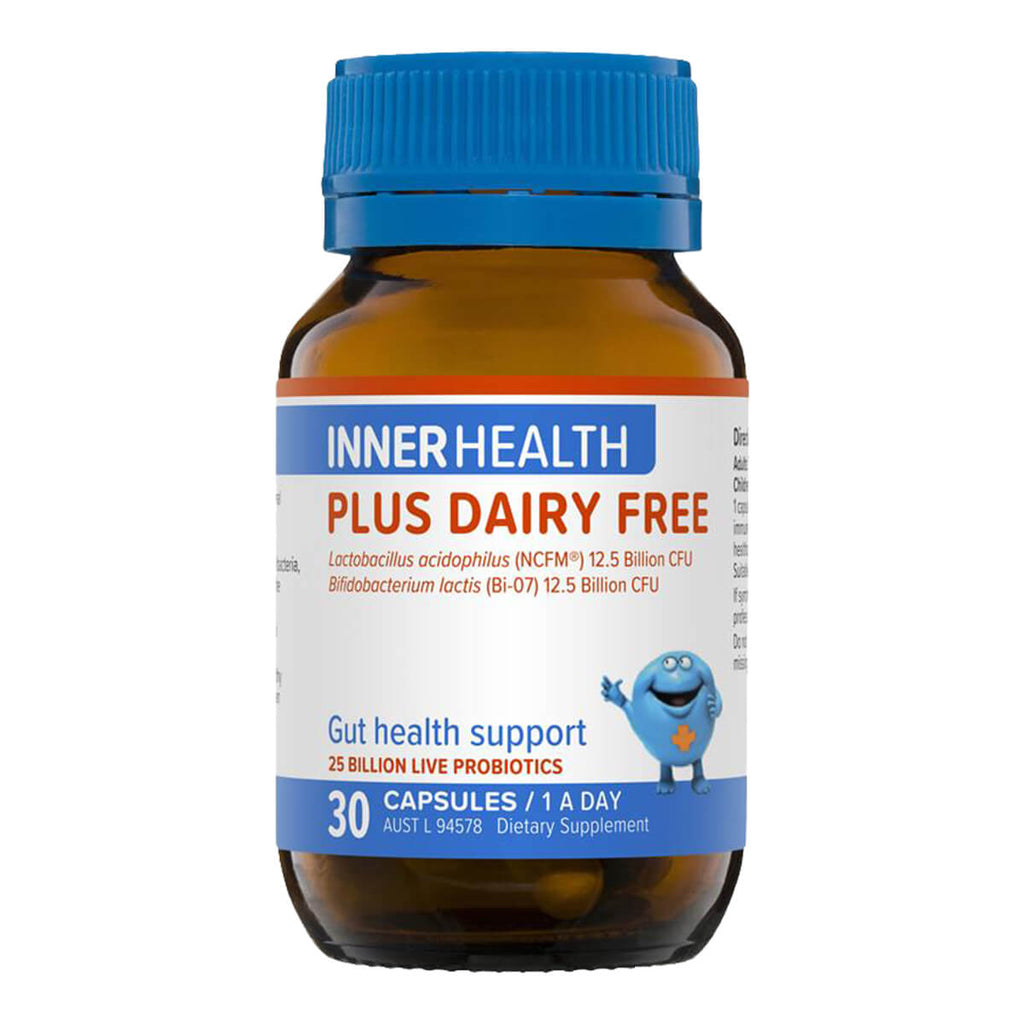 Supplement bottle labeled 'Inner Health Plus Dairy Free' on a white background