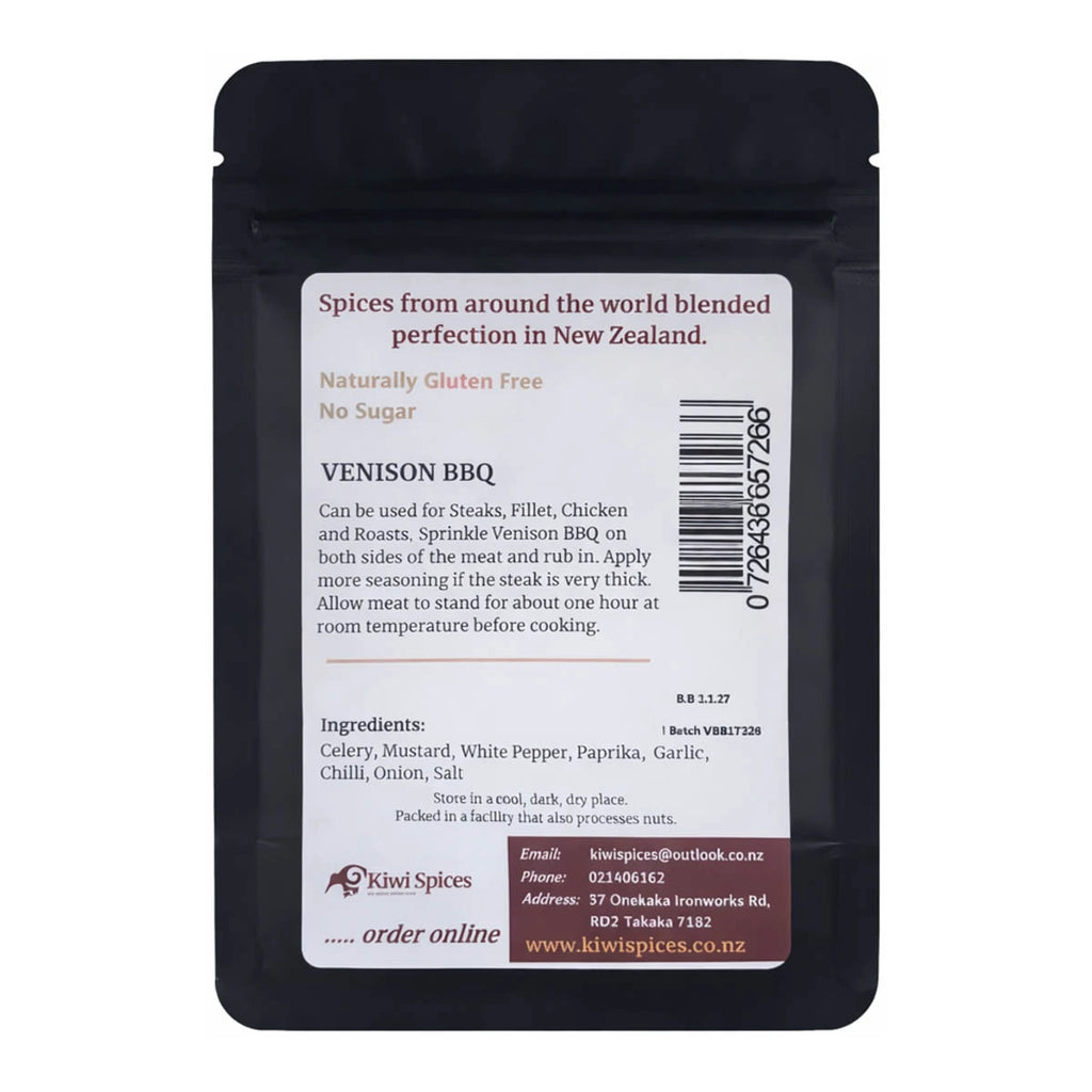 Back of Venison BBQ spice packet with ingredients, uses & product details.