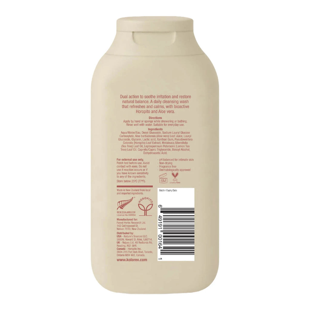 Back of a beige bottle of Kolorex Herbal Intimate Wash Everyday Balance showing directions, ingredients & product information.
