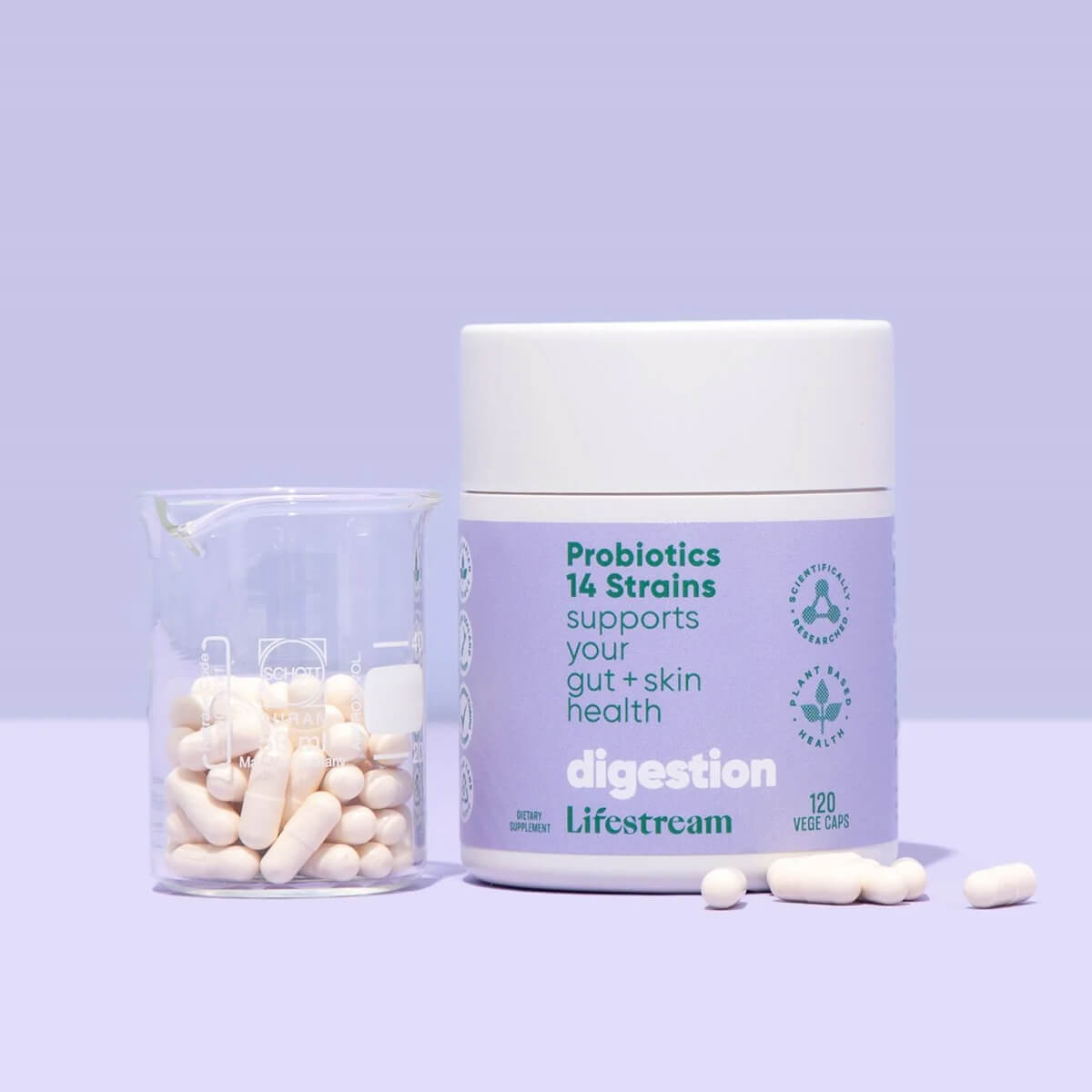 Lifestream probiotics container with capsules on a light purple background.