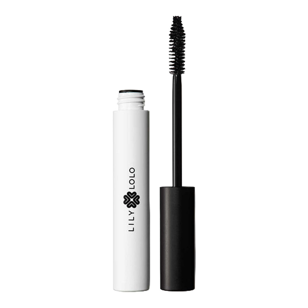 Mascara with white tube and black wand on a white background, featuring the brand.