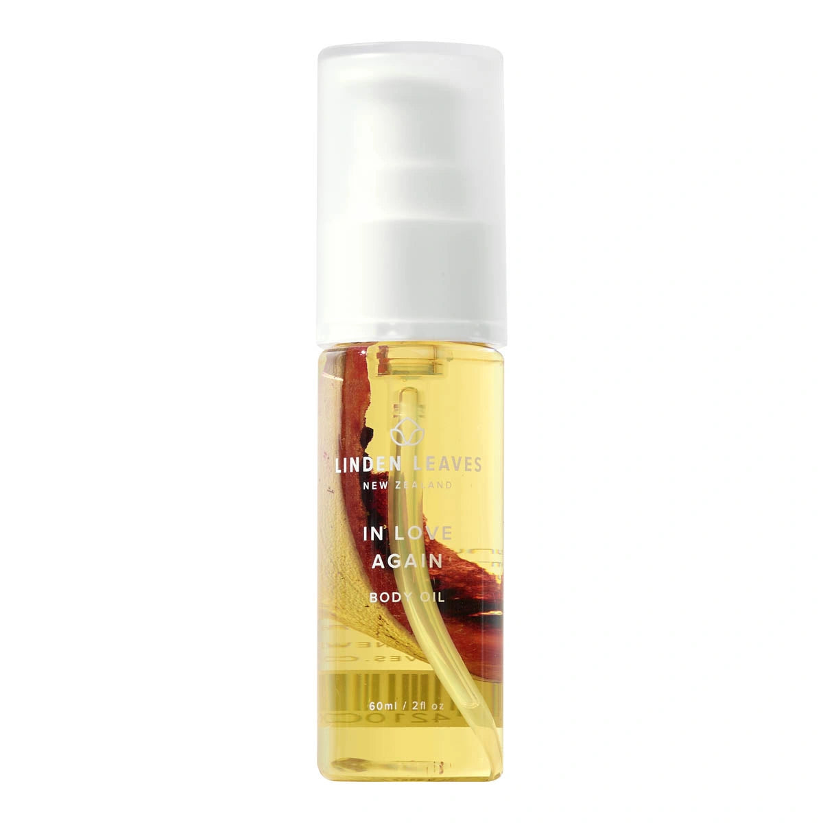 Bottle of Linden Leaves body oil on a white background. 60ml pump bottle.