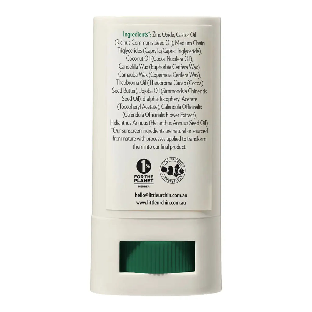The back of a baby sunscreen tube with a label showing ingredients and logos on a white background.