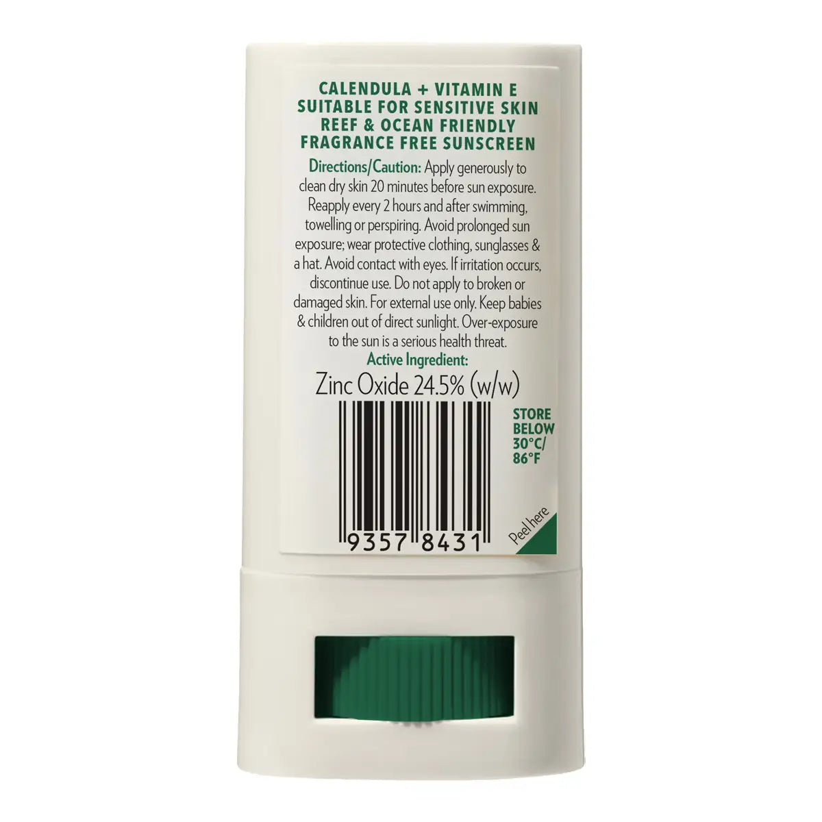 Back side of a white sunscreen stick container showing product details, directions, a barcode, and text indicating zinc oxide 24.5% (w/w) on a white background.