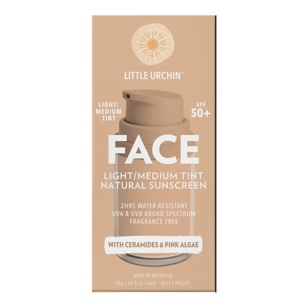 Little Urchin Face Light/Medium Tint Natural Sunscreen SPF 50+ in a rectangular cardboard box with a beige and white design, centered on a white background.