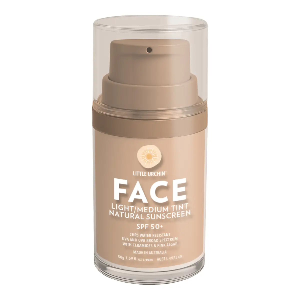 A bottle of Little Urchin Face Light/Medium Tint Natural Sunscreen SPF 50+ with a clear cap and beige pump, shown on a white background.