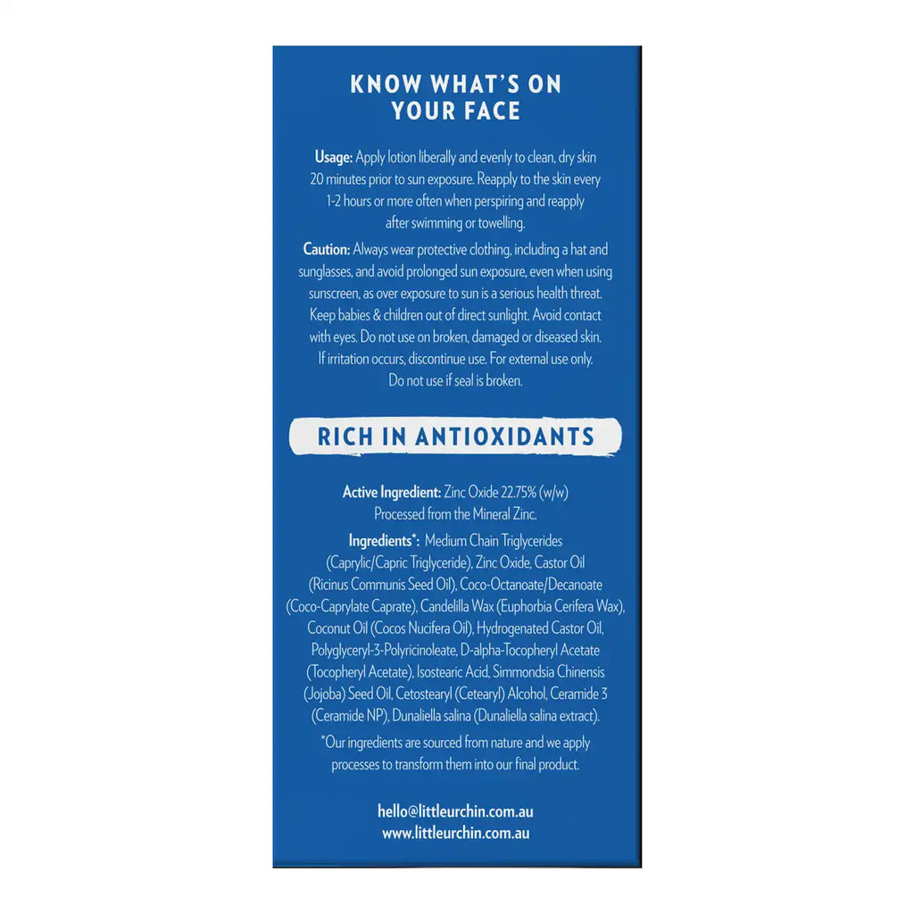 A blue product box for face sunscreen with white text detailing the usage, precautions, ingredients.